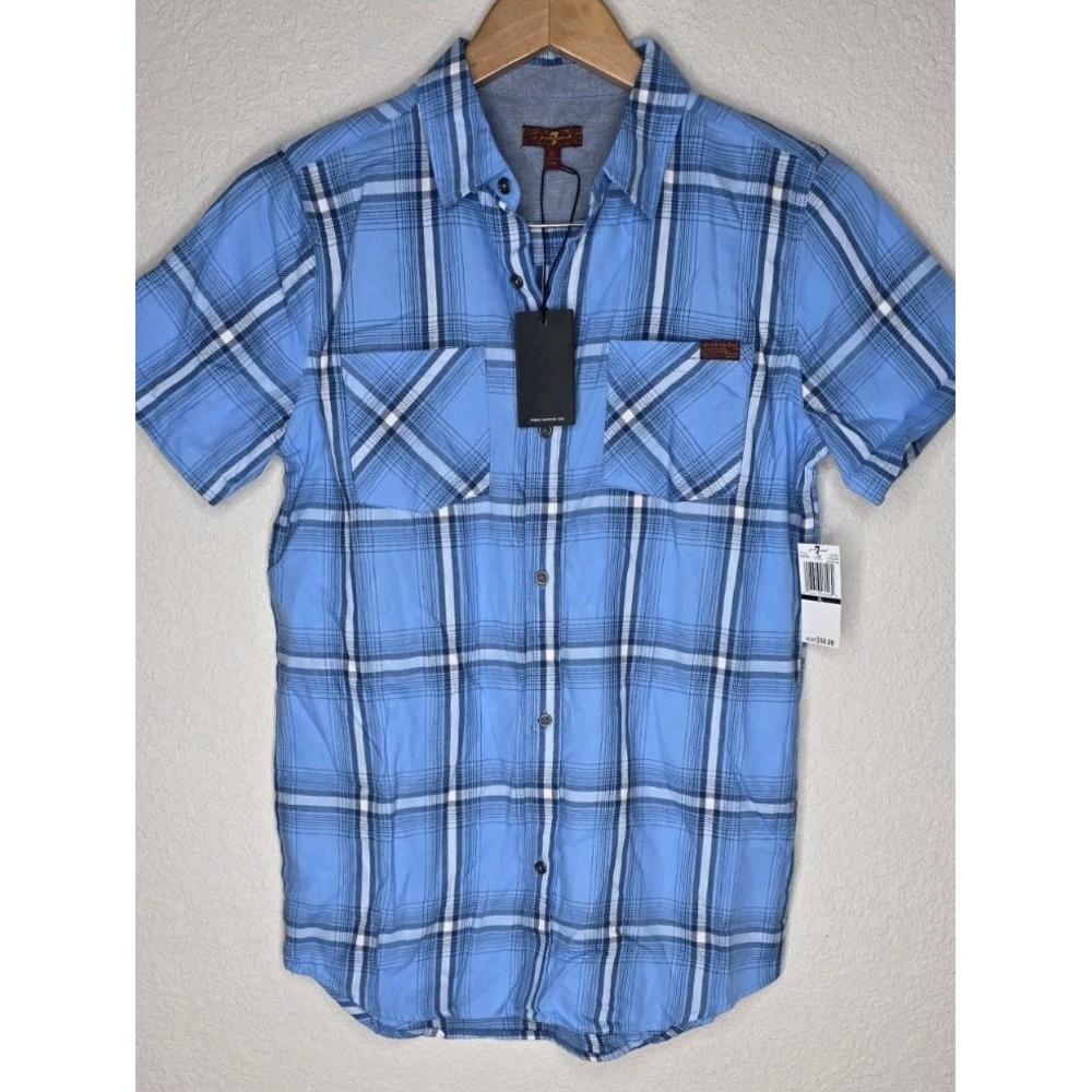 New 7 For All Mankind Boys XL Denim Button Down Short Sleeve Cotton Shirt Plaid